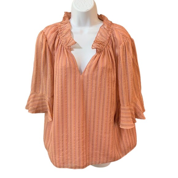 Rebecca Taylor XL Blouse Margarita Pink Metallic Stripe Lurex Silk Lined Top - Picture 3 of 10